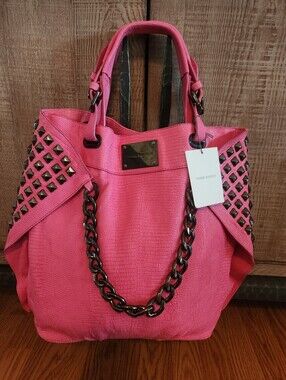 Pierre Balmain Leather Studded Tote Featuring Chain Strap Detail Pink NWT